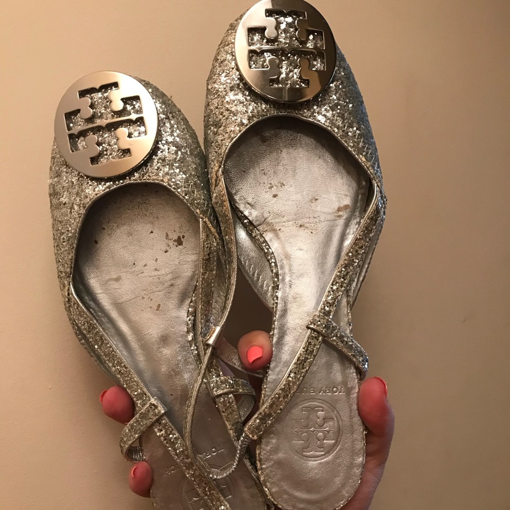 Tory Burch SILVER GLITTER flats Sz 9.5